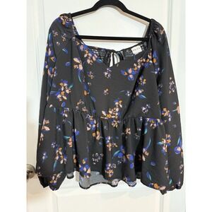 AVA & VIV Boho Black Floral Smocked Shirt Peasant Blouse Long Sleeve XXL 2XL